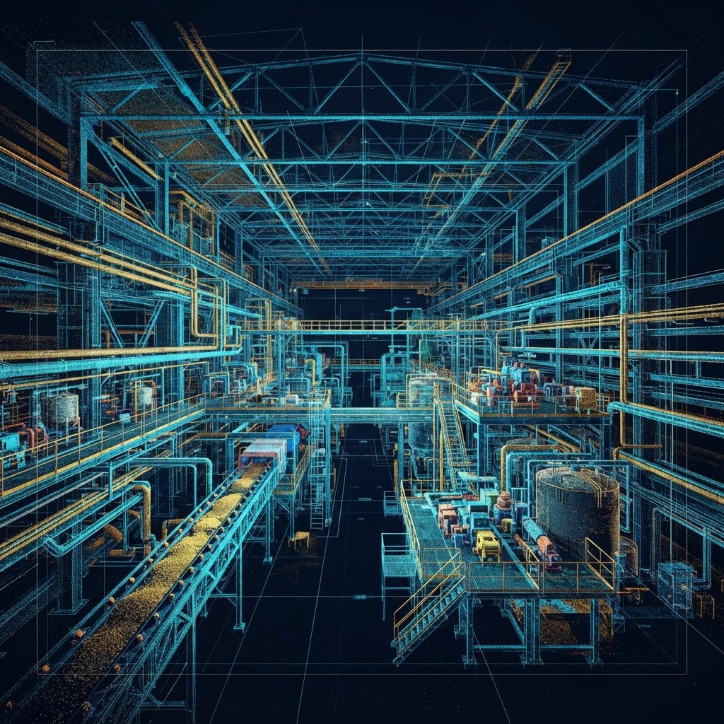 A 3D point-cloud scan of an industrial processing facility
