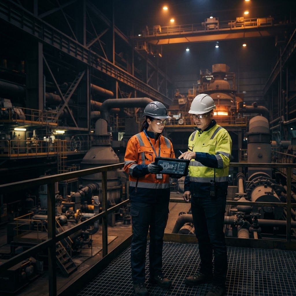 Industrial engineers reviewing project plans at a manufacturing facility